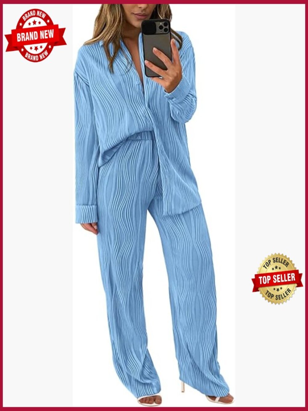 Women's 2 Piece Textured Button Down Shirt & Wide Leg Pants Set - Size S